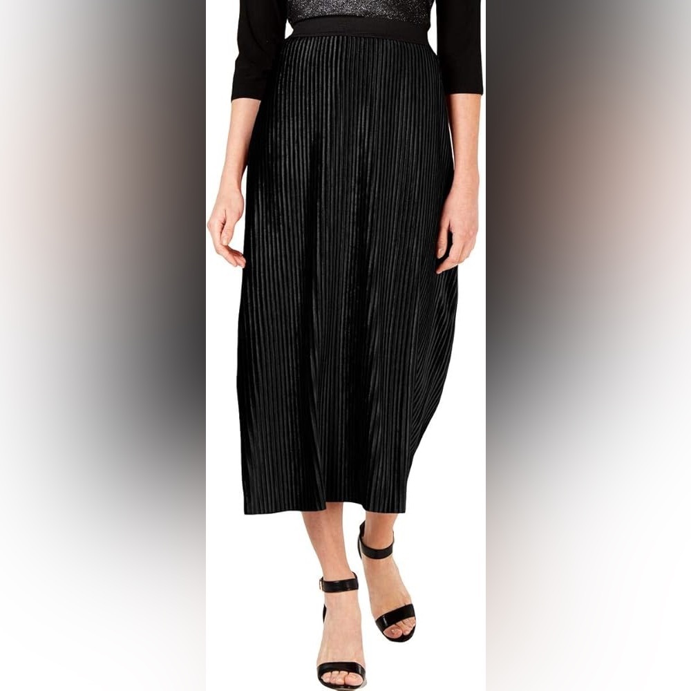 NWT NY Collection Black Velvet Pleated Midi Skirt Petite Medium